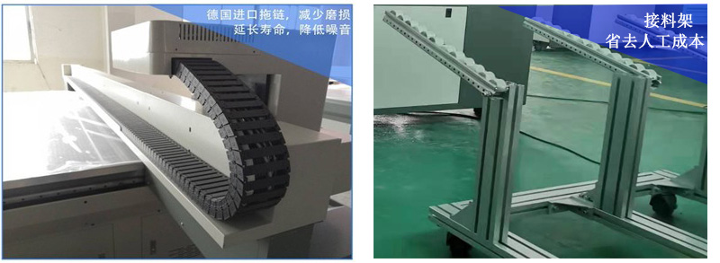 德國進口拖鏈，減少磨損，延長壽命，降低噪音，采用接料架等設(shè)計，減少人工成本